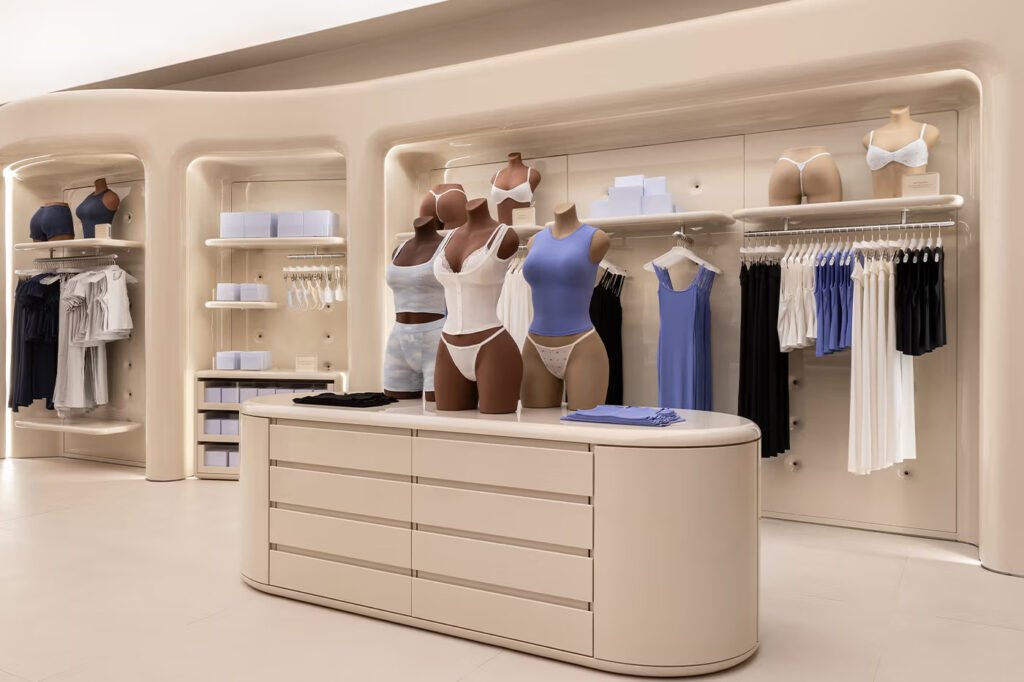 Interior-of-a-SKIMS-store-with-mannequins-in-shapewear-and-underwear-atop-a-curved-cream-display-cabinet-backed-by-racks-of-loungewear-in-blue-black-and-white