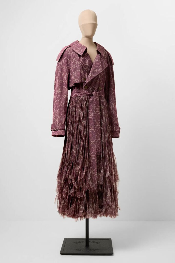 Pink-and-mauve-leopard-print-Burberry-runway-trench-coat-with-a-shredded-fringe-skirt.