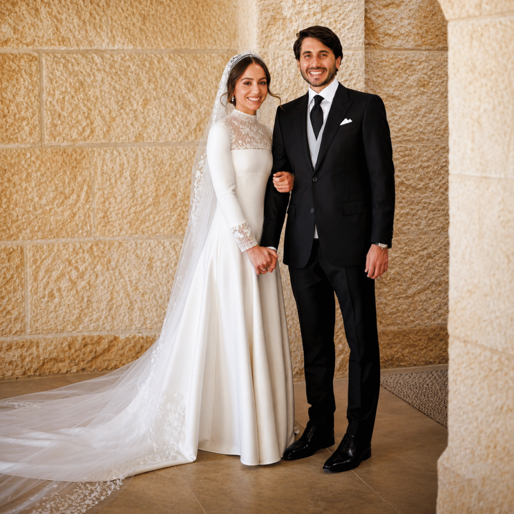 Princess-Iman-of-Jordan-and-Jameel-Alexander-Thermiotis-holding-hands-at-their-2023-royal-wedding-in-Amman