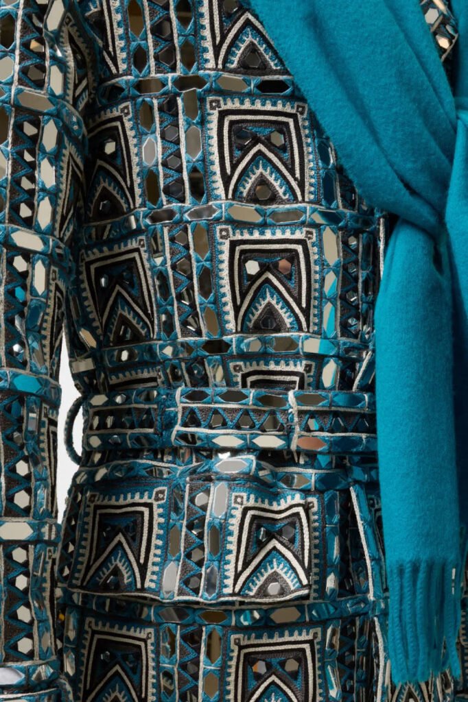 mirror-embroidered-Burberry-runway-trench-coat-in-teal-with-geometric-beadwork