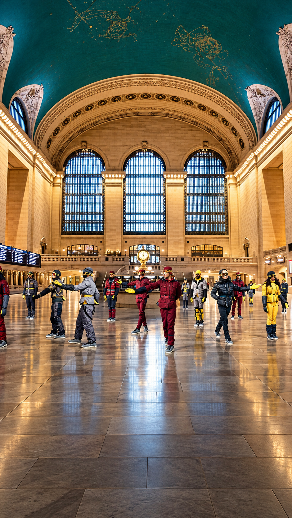 Moncler Grenoble dancers in alpine wear and ski goggles perform beneath Grand Central Terminal's arched windows for 'New York in Moncler