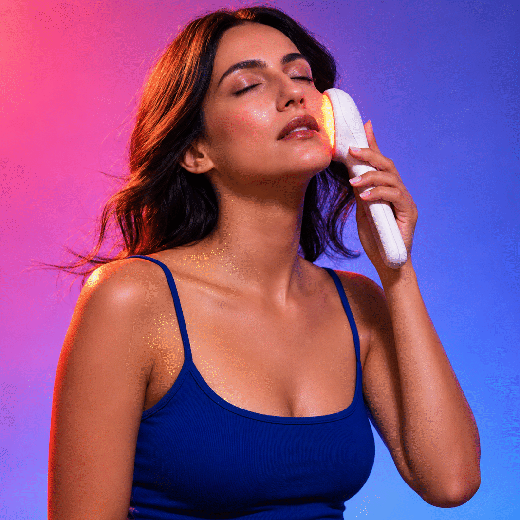 Woman with eyes closed holding a cordless handheld LED light therapy device glowing red against her cheek, pink-blue backdrop