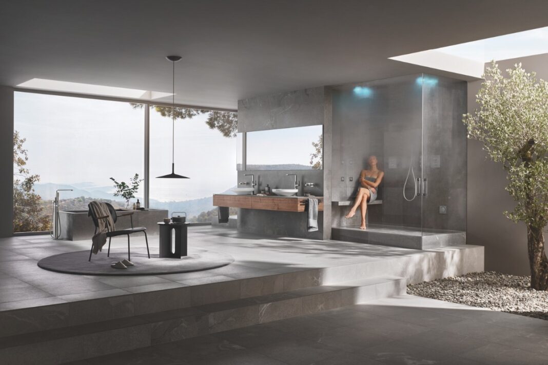 Modern GROHE SPA bathroom with a glass-enclosed shower and panoramic sea views.